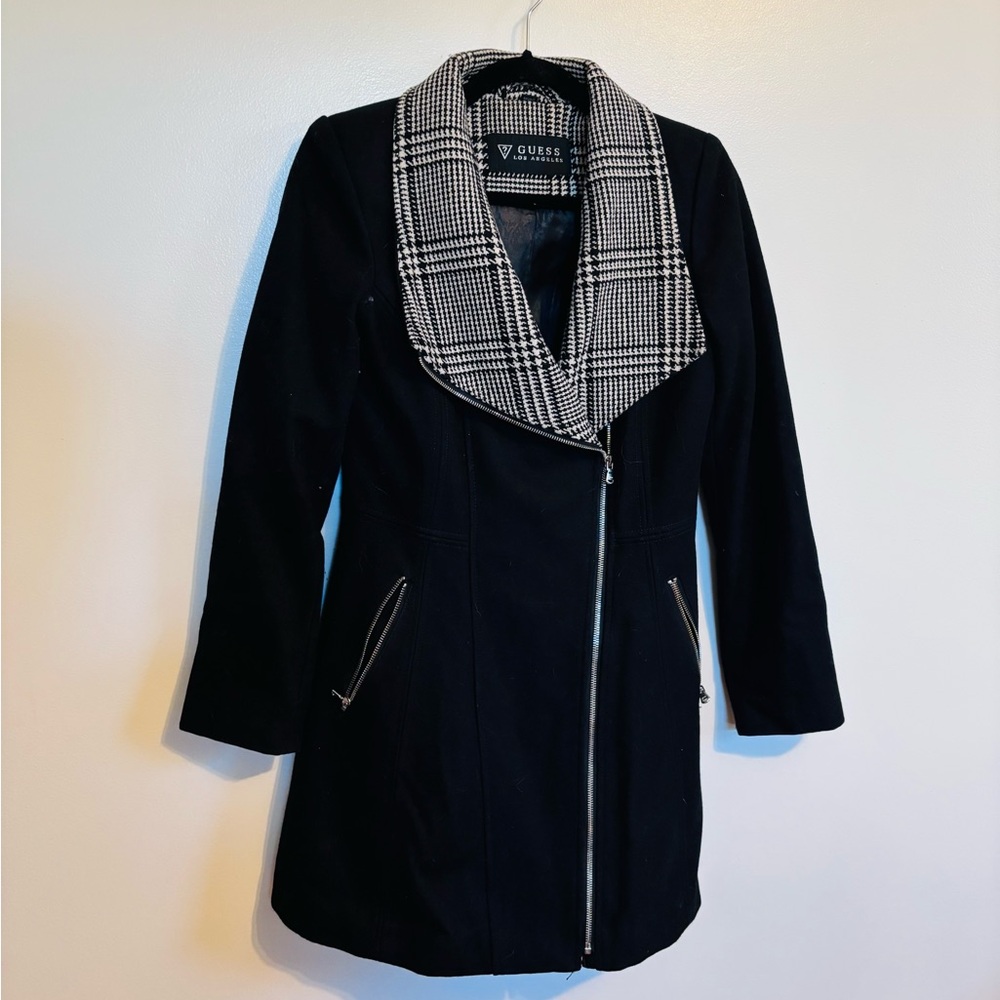 Guess dress trench coat, wool blend black with black and white patterned print